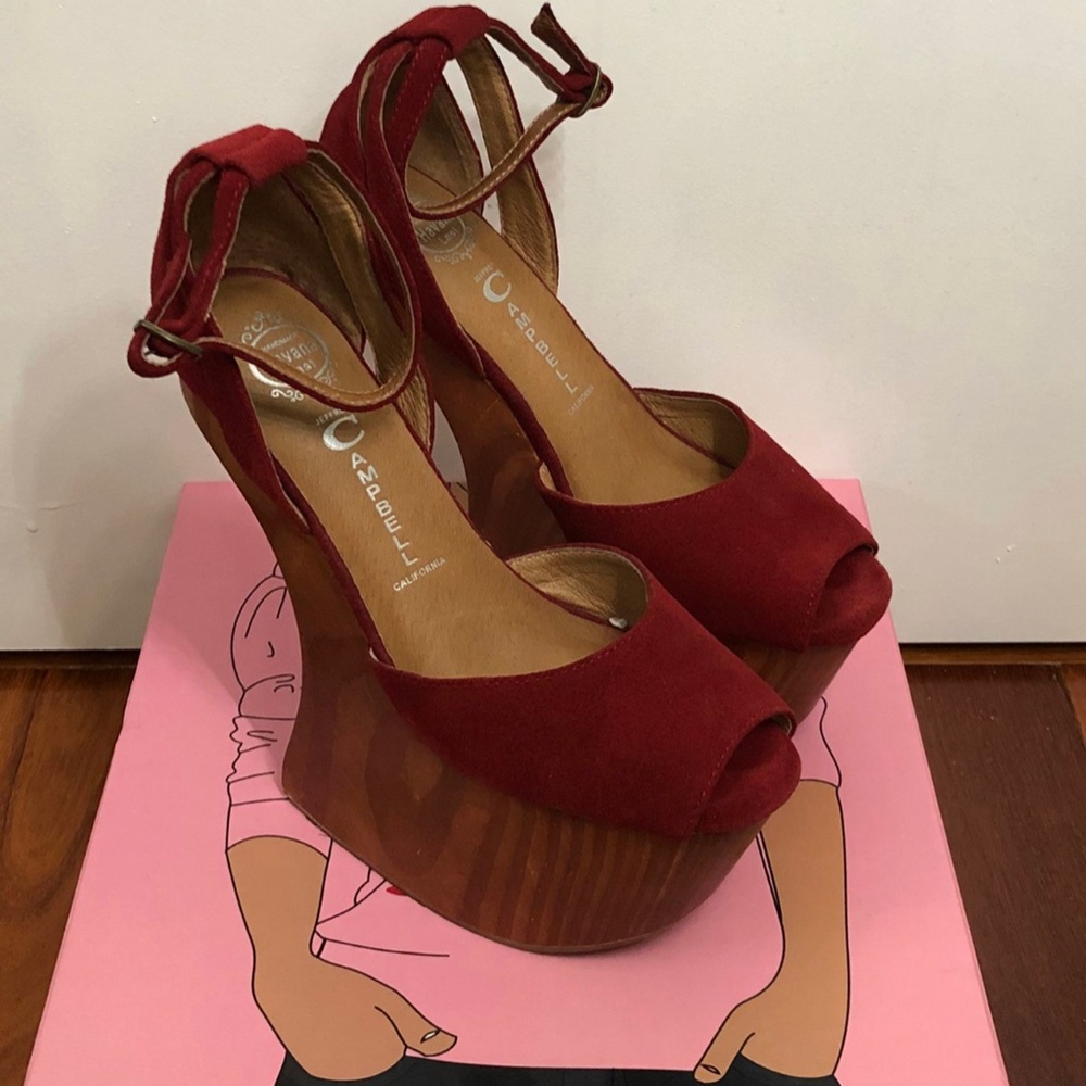 Jeffrey Campbell Str8up Red suede  Womens Platform Sculpt Ankle Strap Sz 6.5. Co - Picture 2 of 2
